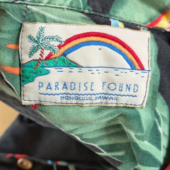 Vintage Paradise Found Hawaiian Camp Shirt Mens L Black Floral Cotton 90s USA - Picture 5 of 7